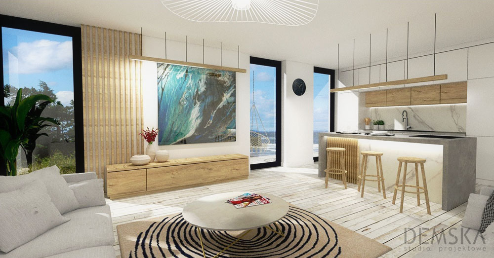 Projekt aranżacji domku rekreacyjnego w jasnych barwach - demska studio - wrocław